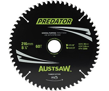 AUSTSAW TIMBER BLADE 216MM X 30/15.88 BORE X 60 T 